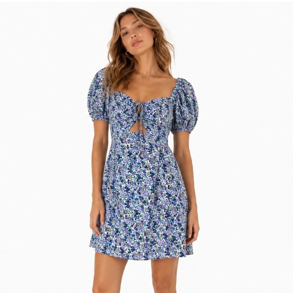 NWT Another Girl Floral Cutout Mini Dress Purple Cottagecore Puff Sleeve Size 6